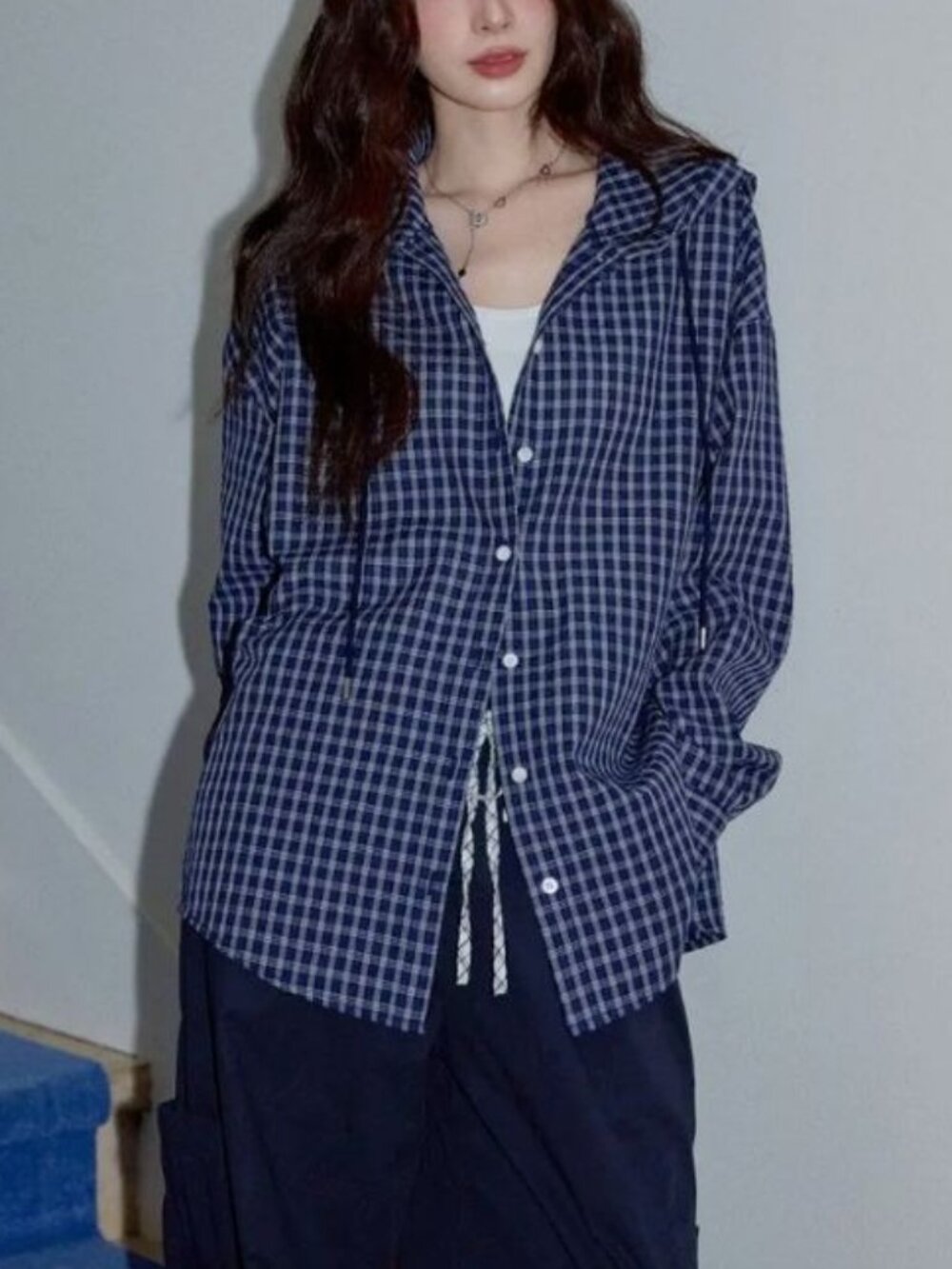 Korean Style Blue Plaid Hooded Shirt Oversized Casual One Size